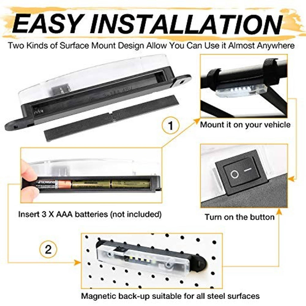 Battery-powered LED dome light bar with clear cover, black switch, and magnet mount