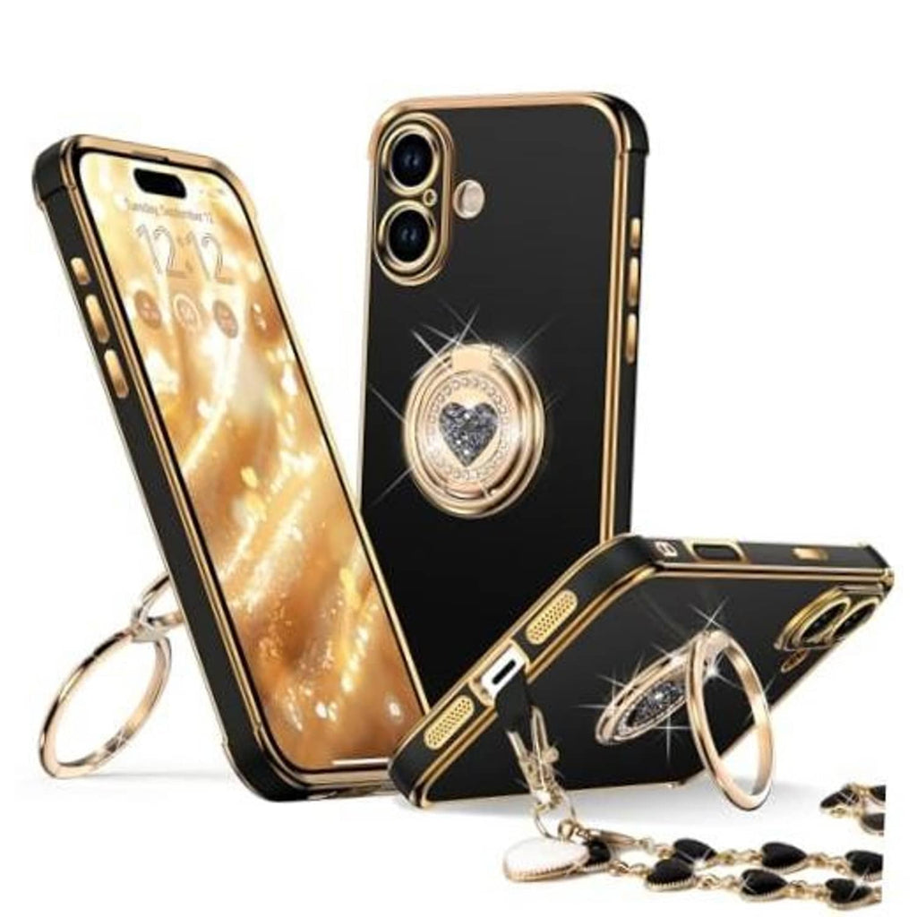 Black phone case with gold double ring kickstand and heart charm wrist strap