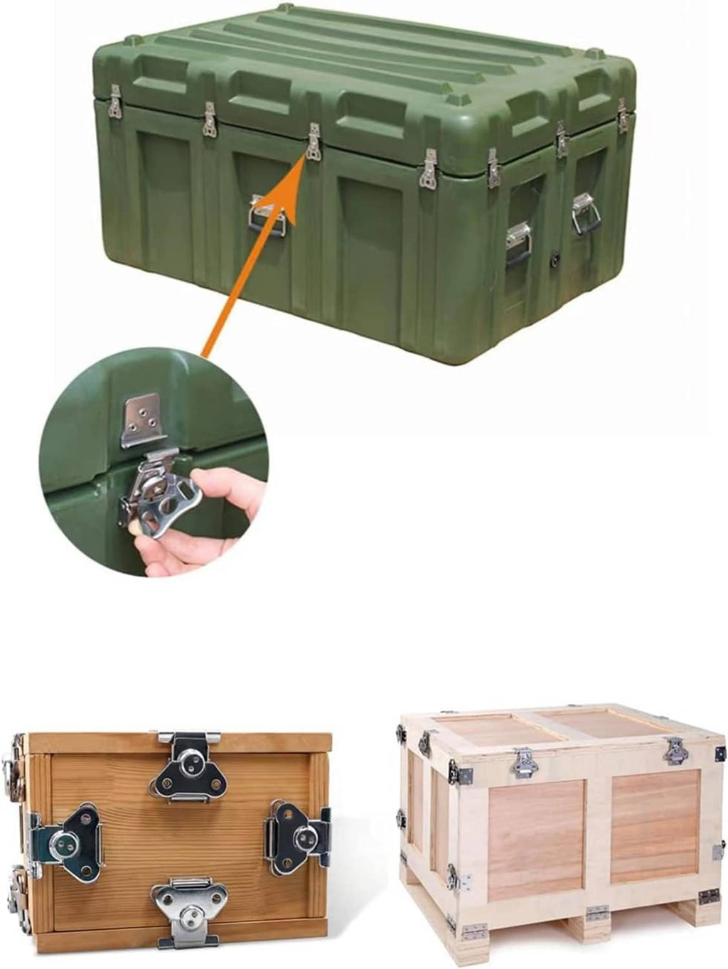 Butterfly latches on green and wood storage boxes, shown installed at corners