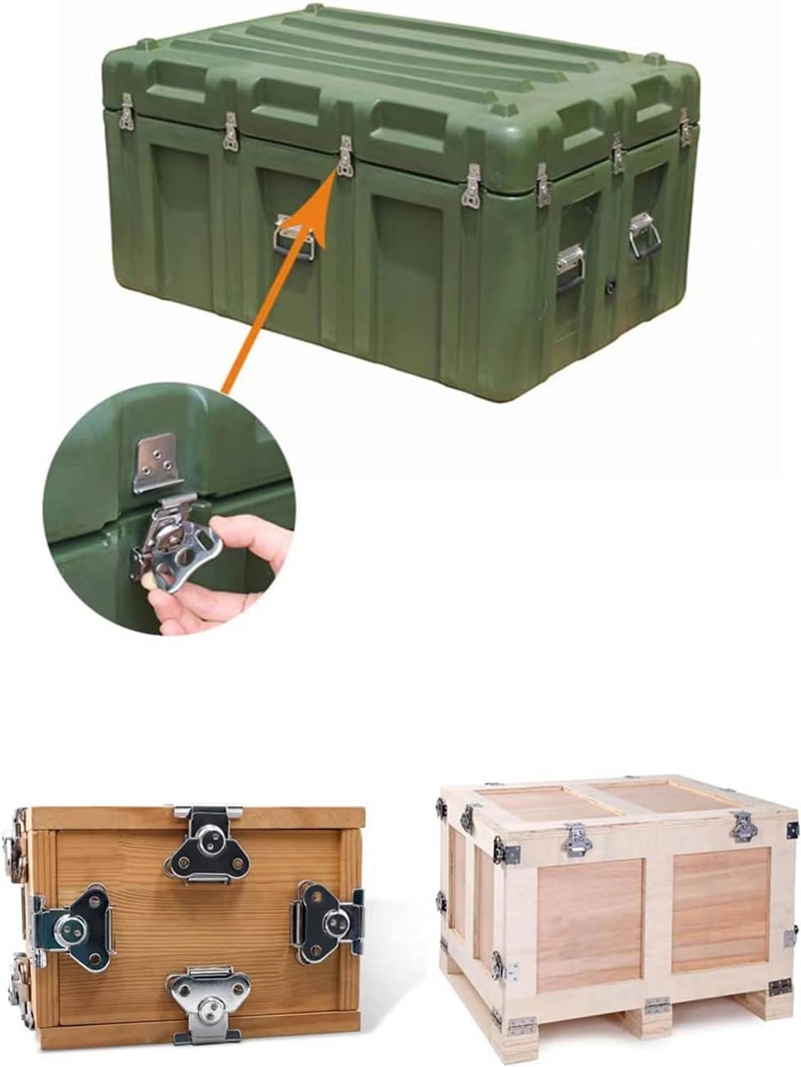 Butterfly latches on green and wood storage boxes, shown installed at corners