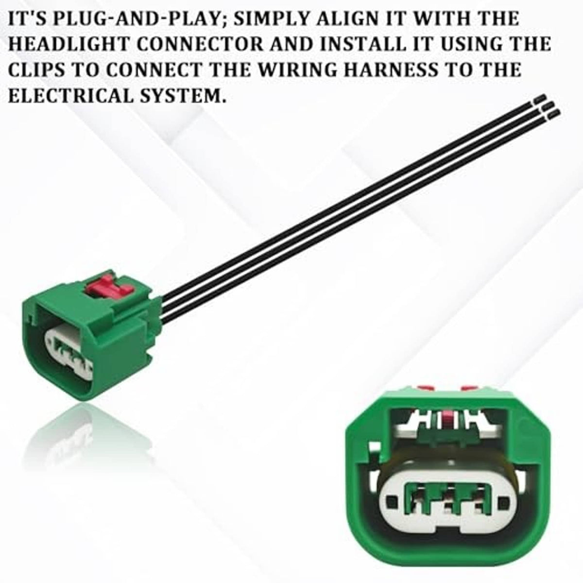 Green plug-and-pigtail connector with red latch and black wire leads, front and rear