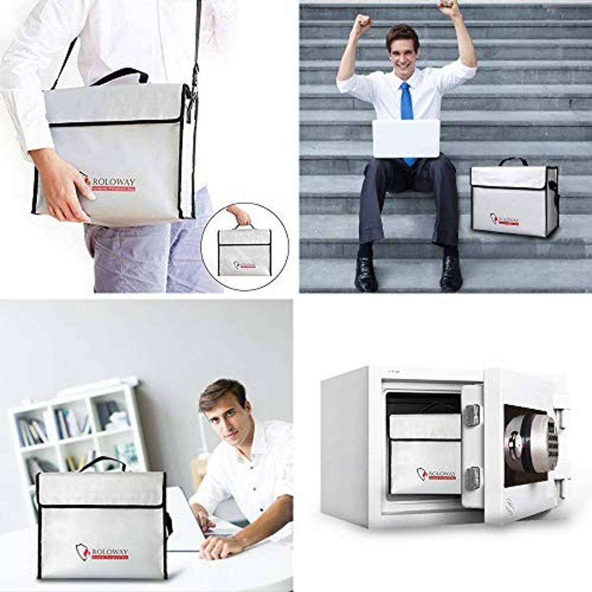 Fireproof bag shown carried by hand and with home and safe storage scenes