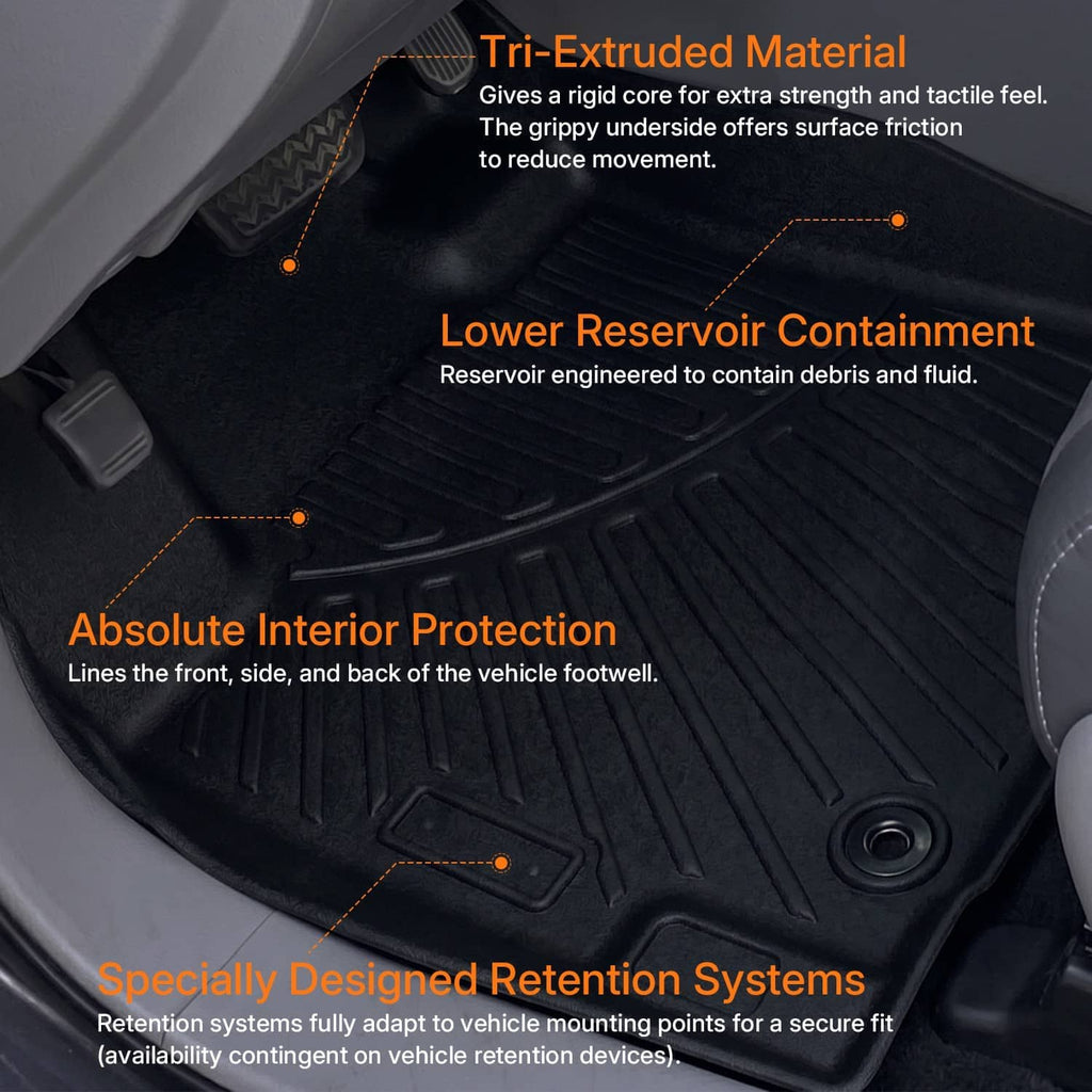 Black rubber floor mat liner with deep grooves and retention contours around holes