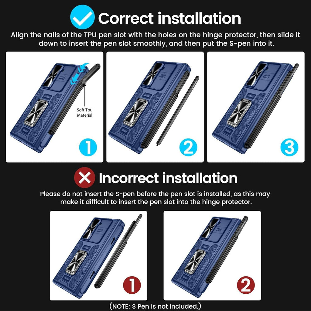 Fold phone case showing S Pen slot and hinge cover during correct installation
