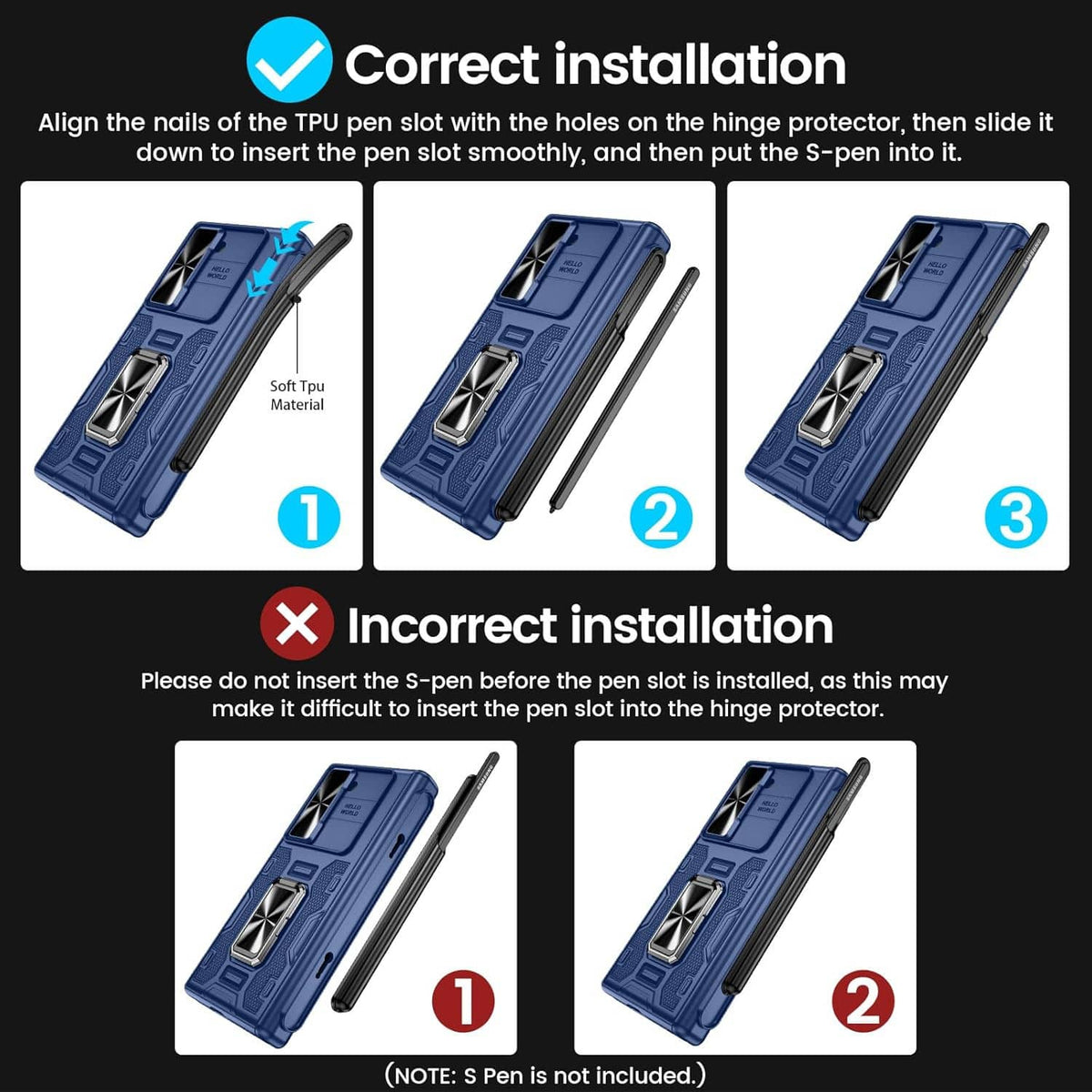 Fold phone case showing S Pen slot and hinge cover during correct installation