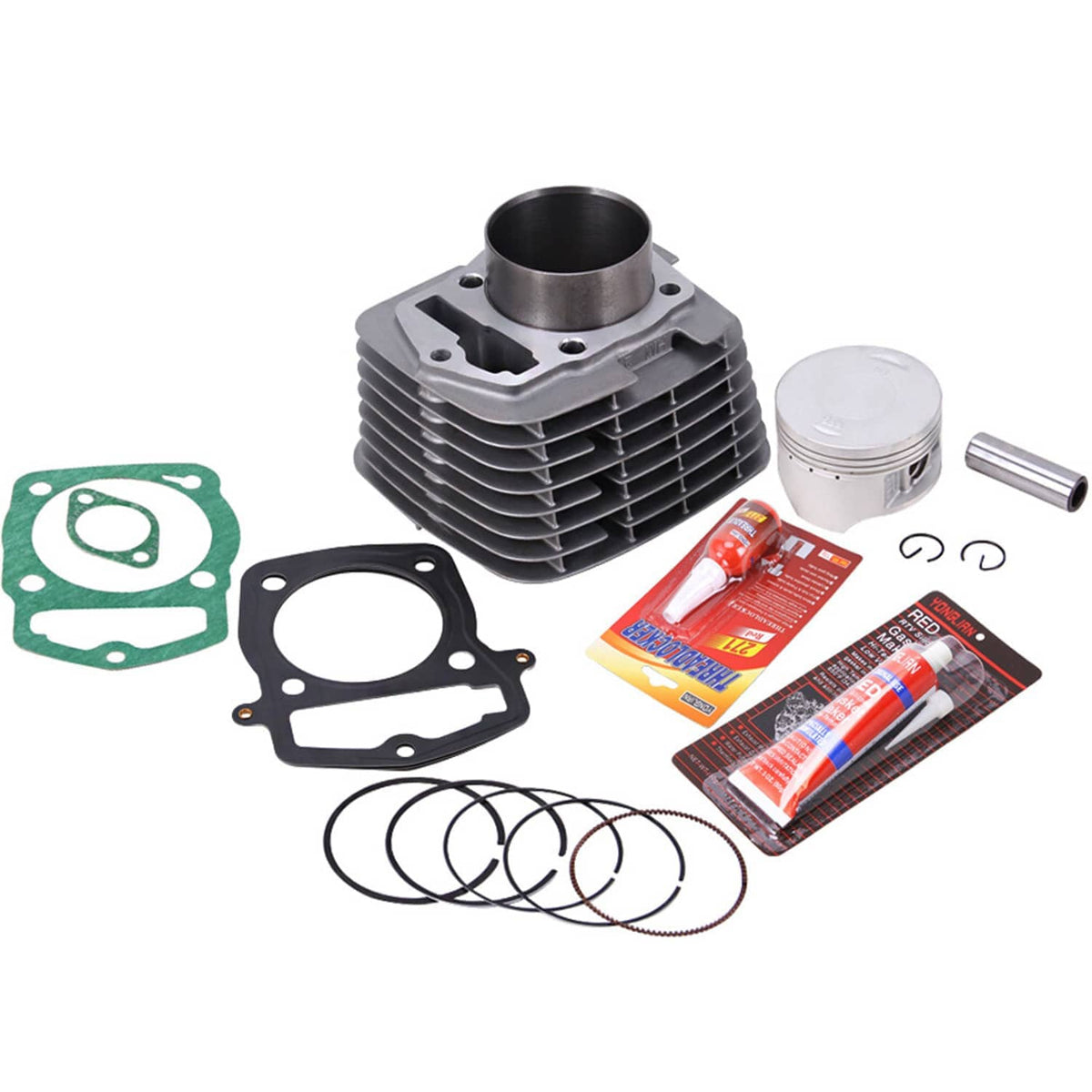 Cylinder and piston top end kit with green and black gaskets, rings, and wrist pin