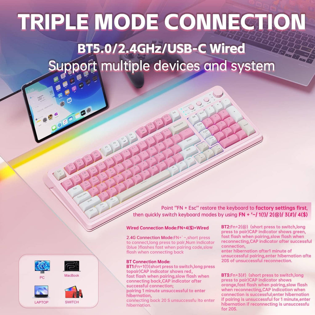 Triple-mode wireless gaming keyboard with pink and cream keycaps