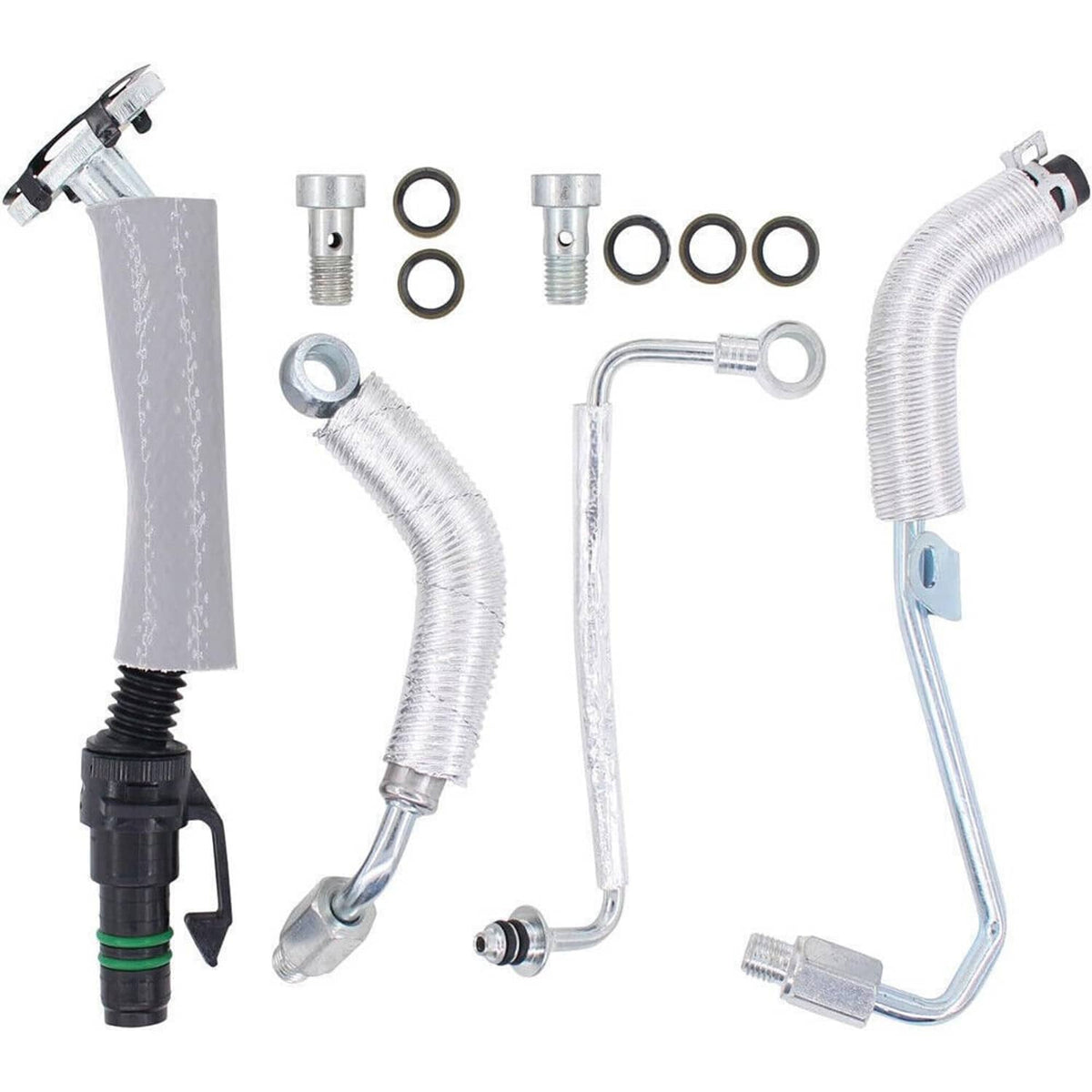 Turbo coolant return hose line kit with multiple hoses, metal pipes, and O-ring gaskets