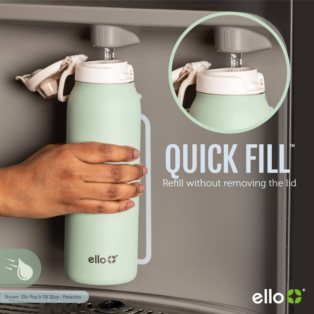 Pistachio green stainless steel water bottle with flip lid and carry handle