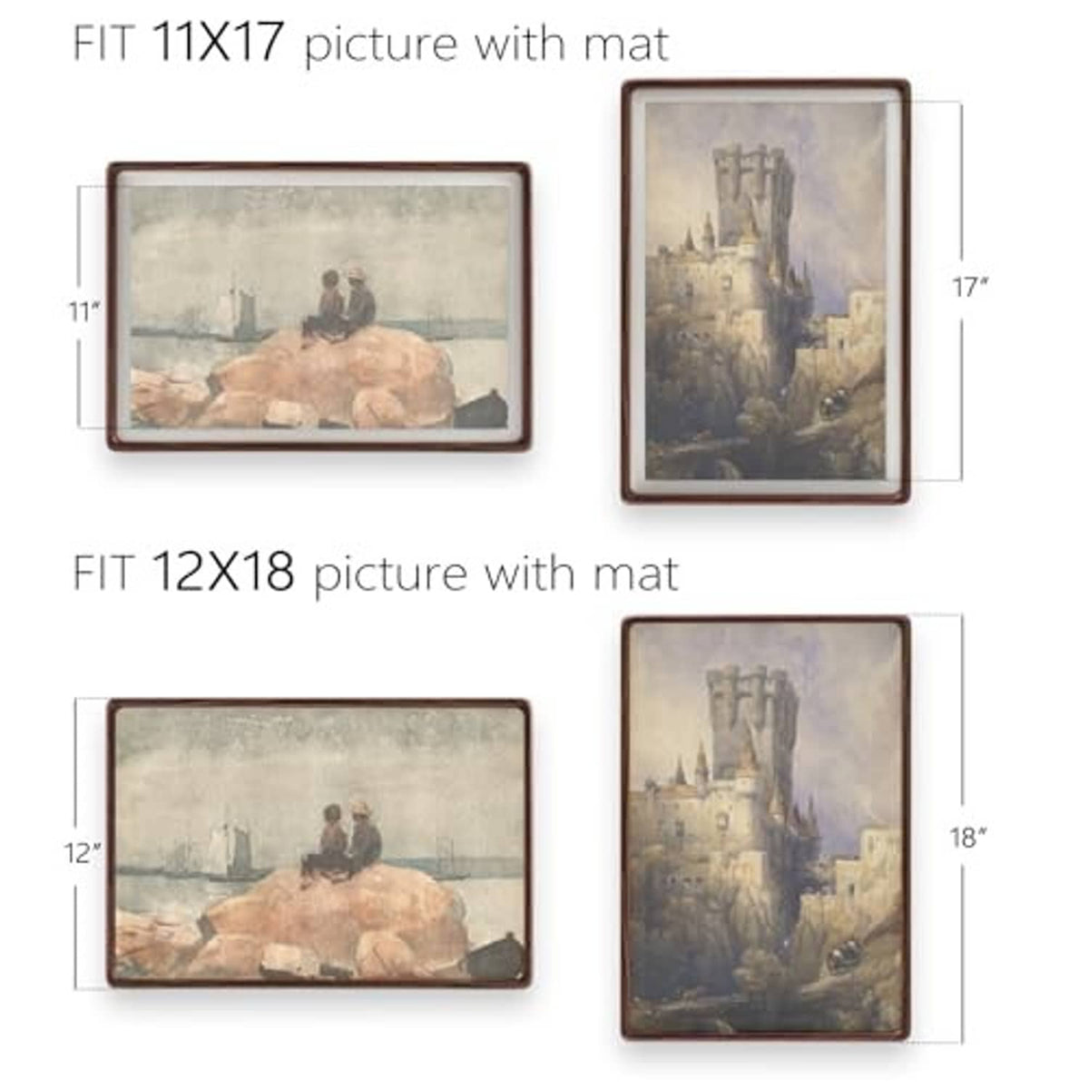 Walnut picture frame with white mat, shown for 11x17 and 12x18 photos