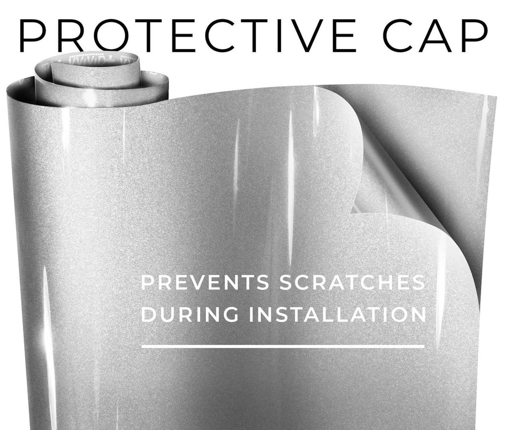Silver metallic vinyl car wrap roll showing protective protective cap and glossy sheen