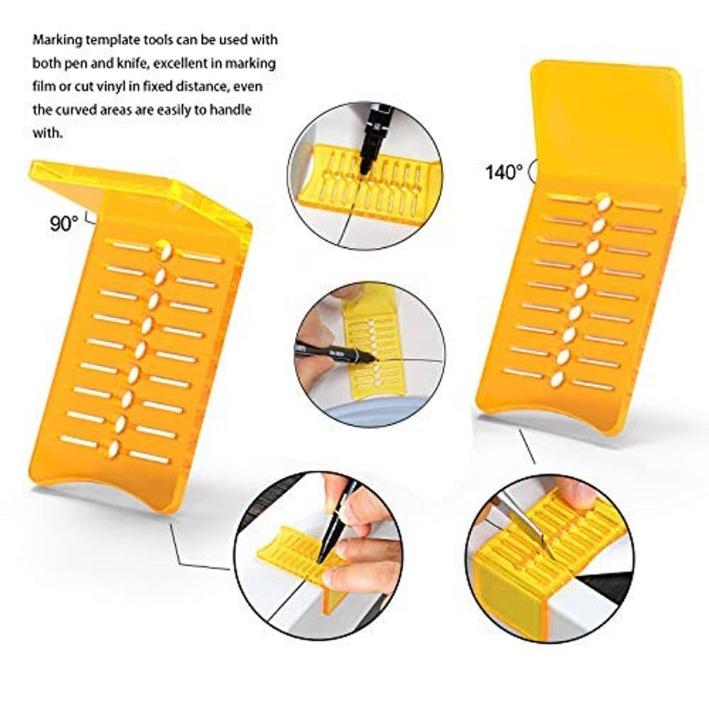 Yellow marking template tools with measurement guides and multiple application slots