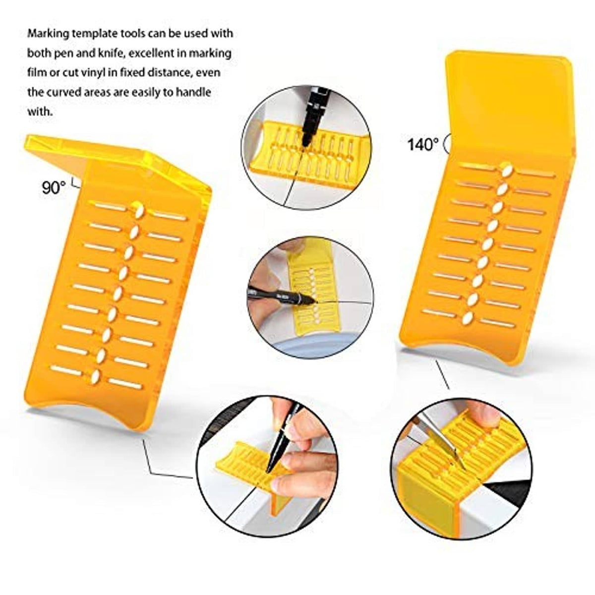 Yellow marking template tools with measurement guides and multiple application slots