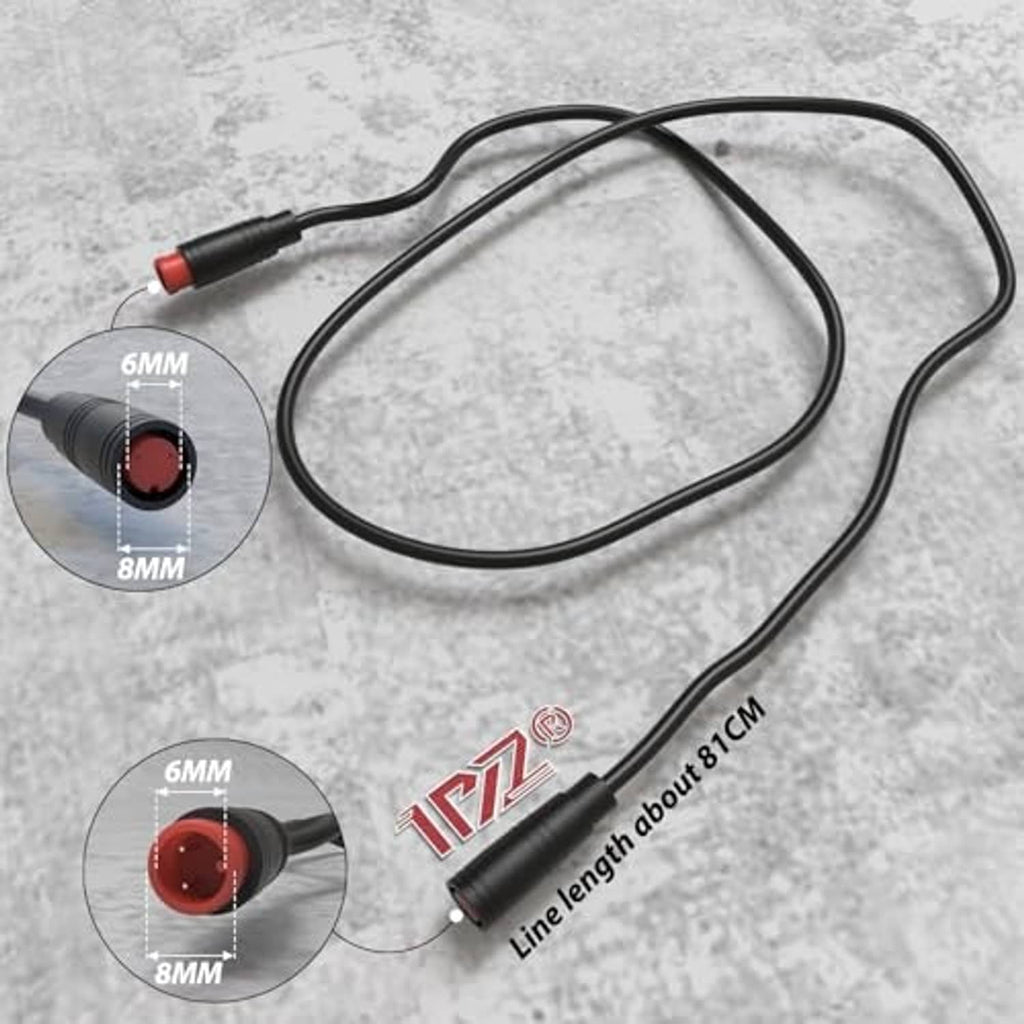Black e-brake connector cable with red-tipped ends, 6mm and 8mm sizes shown