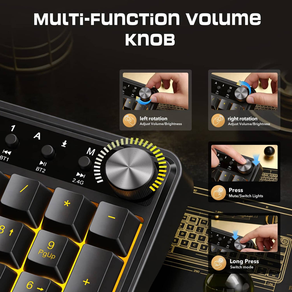 Grayish-black keyboard with large multi-function volume knob and RGB backlit keys.