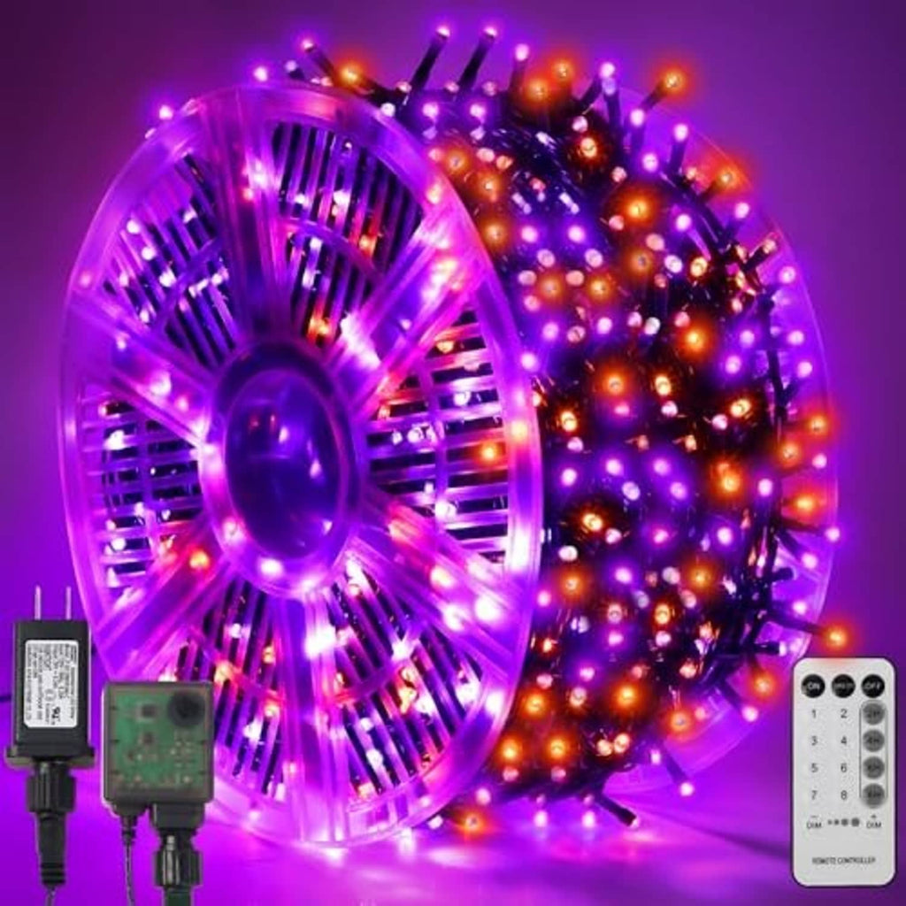 LED string light bulbs on green wire, purple ring fan style, with controller and box.