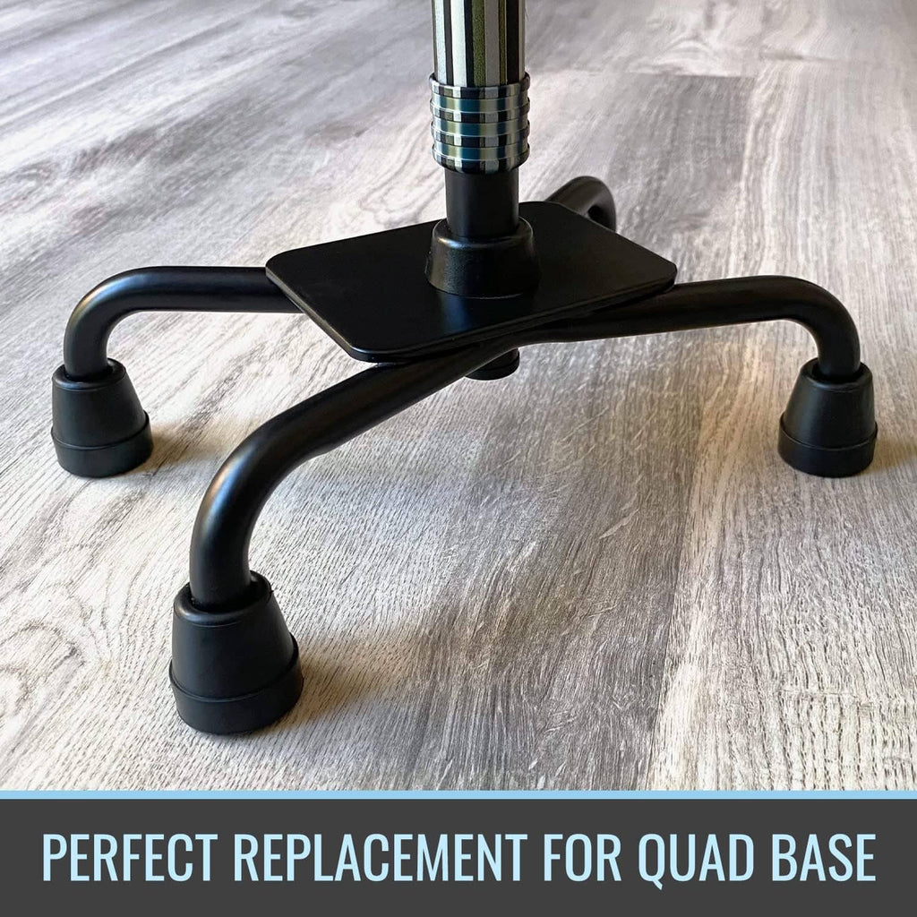 Black quad cane with four black rubber replacement tips at the base