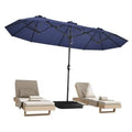 Large navy double-sided patio umbrella with crank pole, dark ribs, and weighted base