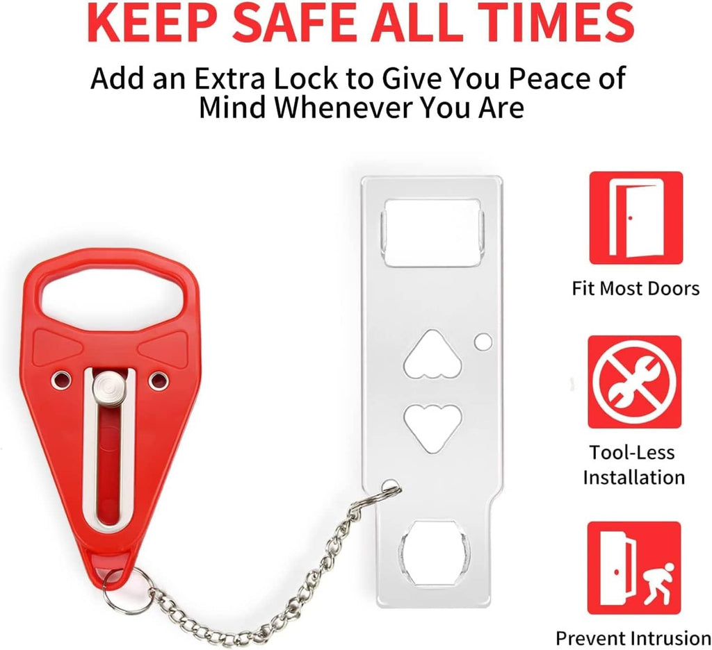 Portable door safety lock with red handle, white mounting plate, and hanging chain