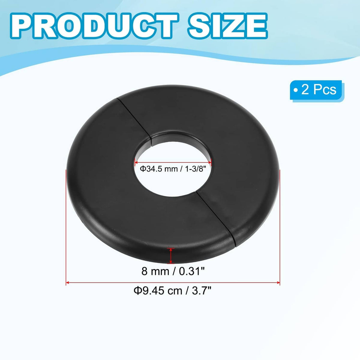 Black round ABS split flange, 34.5mm inner hole diameter, 8mm wall thickness (2 pcs)