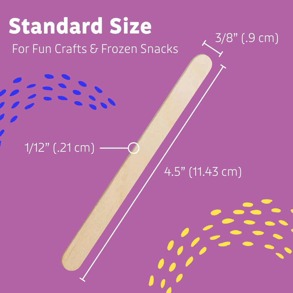 Light wood craft stick size diagram showing 4.5 in length and 0.9 cm thickness