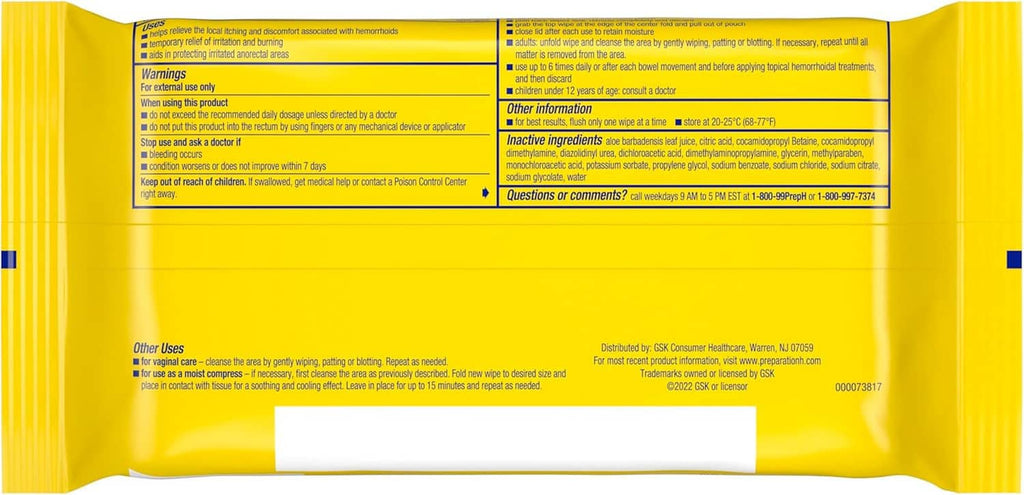 Preparation H medicated hemorrhoidal wipes back panel with warnings and directions