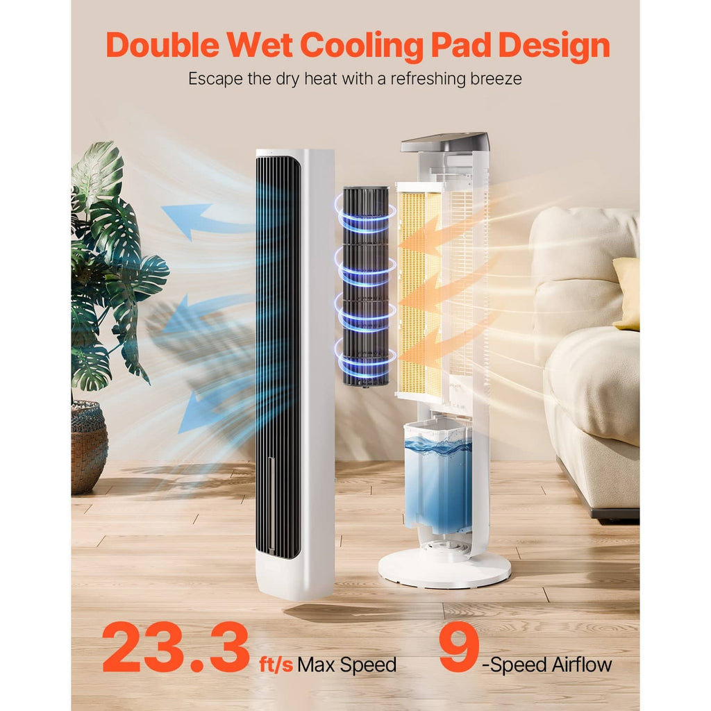 White tower fan with tall black air intake grille and base, shown with cooling pad chamber