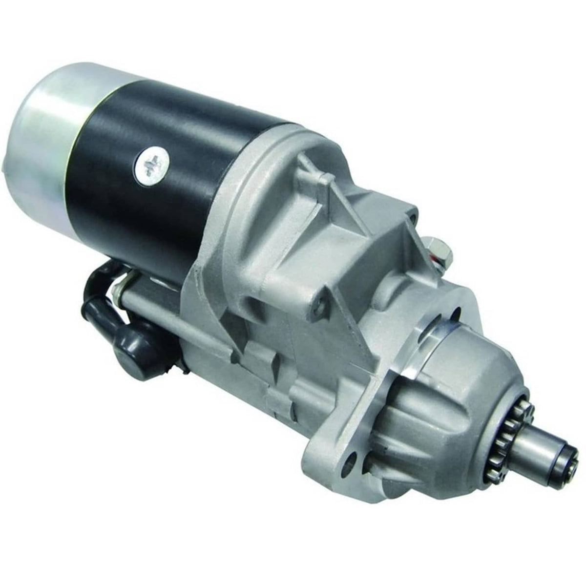 Diesel starter motor with silver body and black cylinder band, side view with terminals