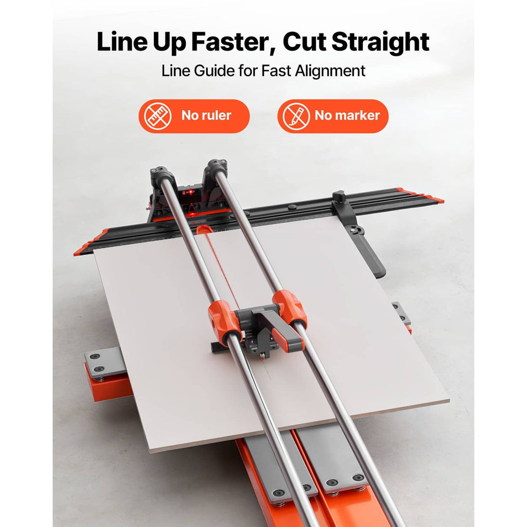 Manual tile cutter with alignment line guide and sliding head over the tile