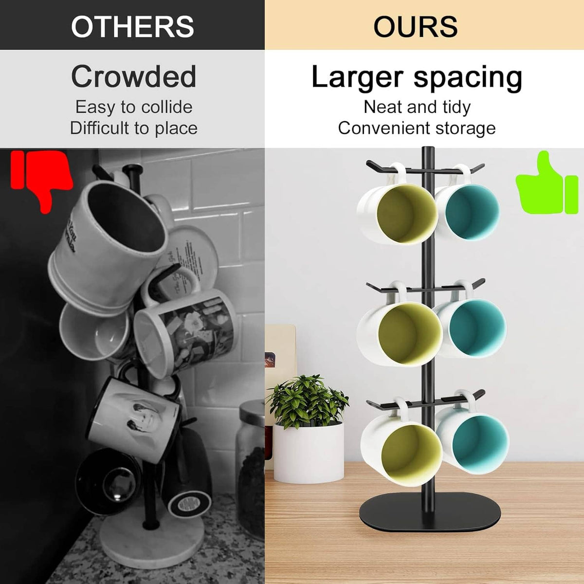 Cup holder stand with wider spacing, black pole and six hooks holding olive and teal mugs