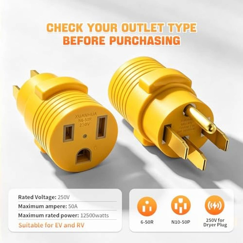 Yellow NEMA-style adapter plug showing male plug end and round outlet face
