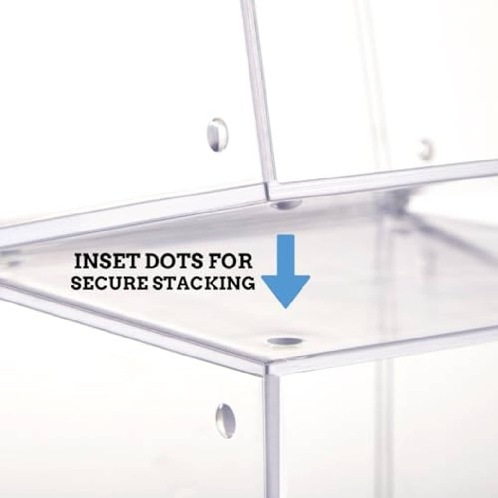 Clear plastic cube CD organizer top with inset dots for secure stacking.