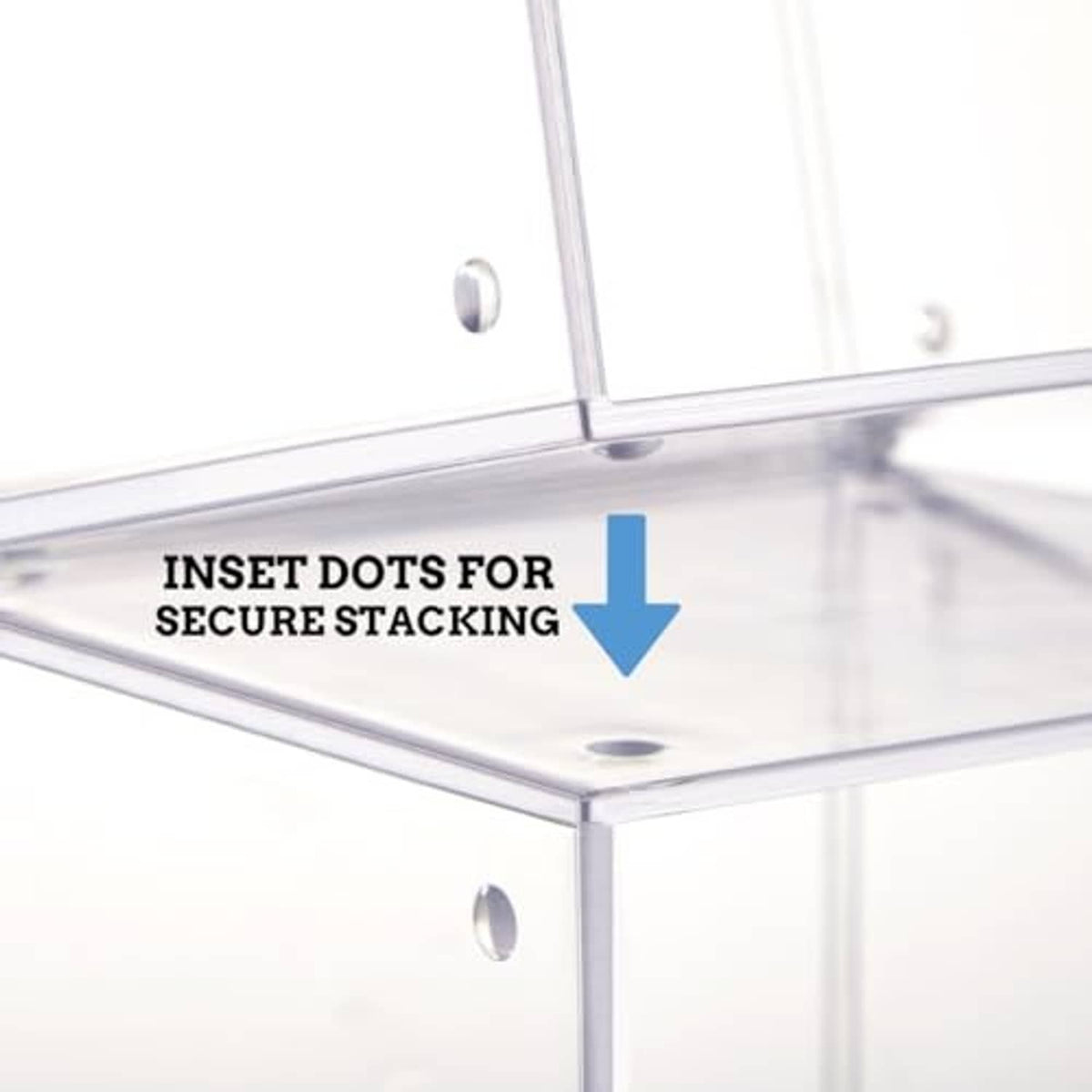Clear plastic cube CD organizer top with inset dots for secure stacking.