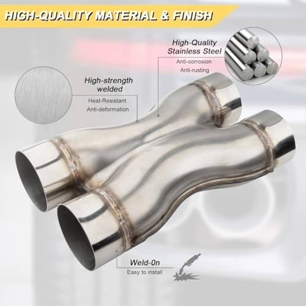 Stainless steel exhaust X-pipe with dual welded outlets and polished metal finish