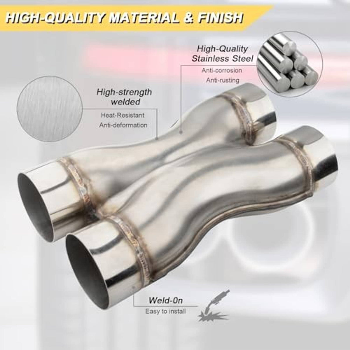 Stainless steel exhaust X-pipe with dual welded outlets and polished metal finish