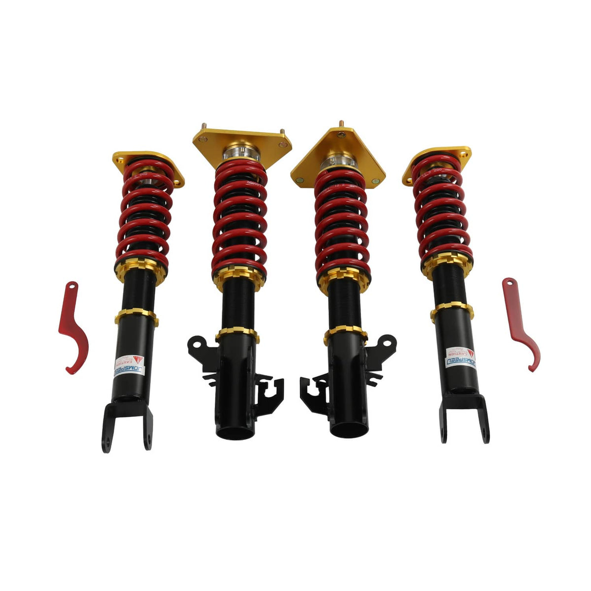 Coilover suspension kit with four adjustable shocks: black bodies, red springs, gold mounts