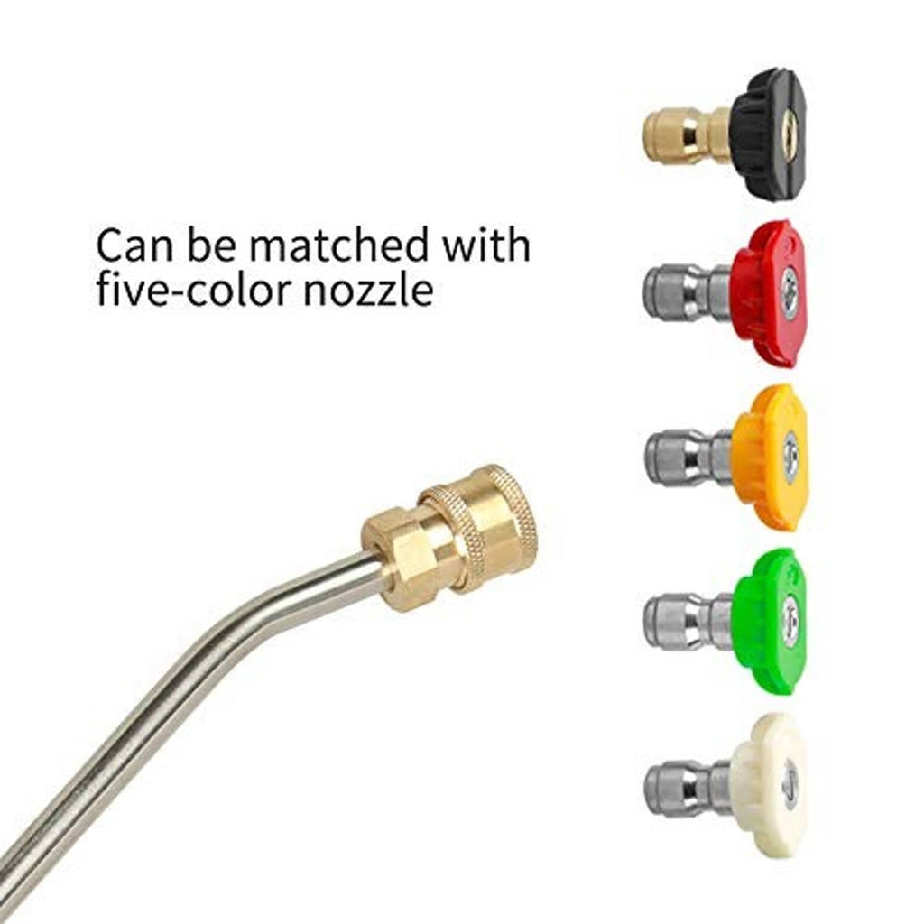 Gutter cleaner attachment with curved stainless wand and multiple colored quick-connect nozzles