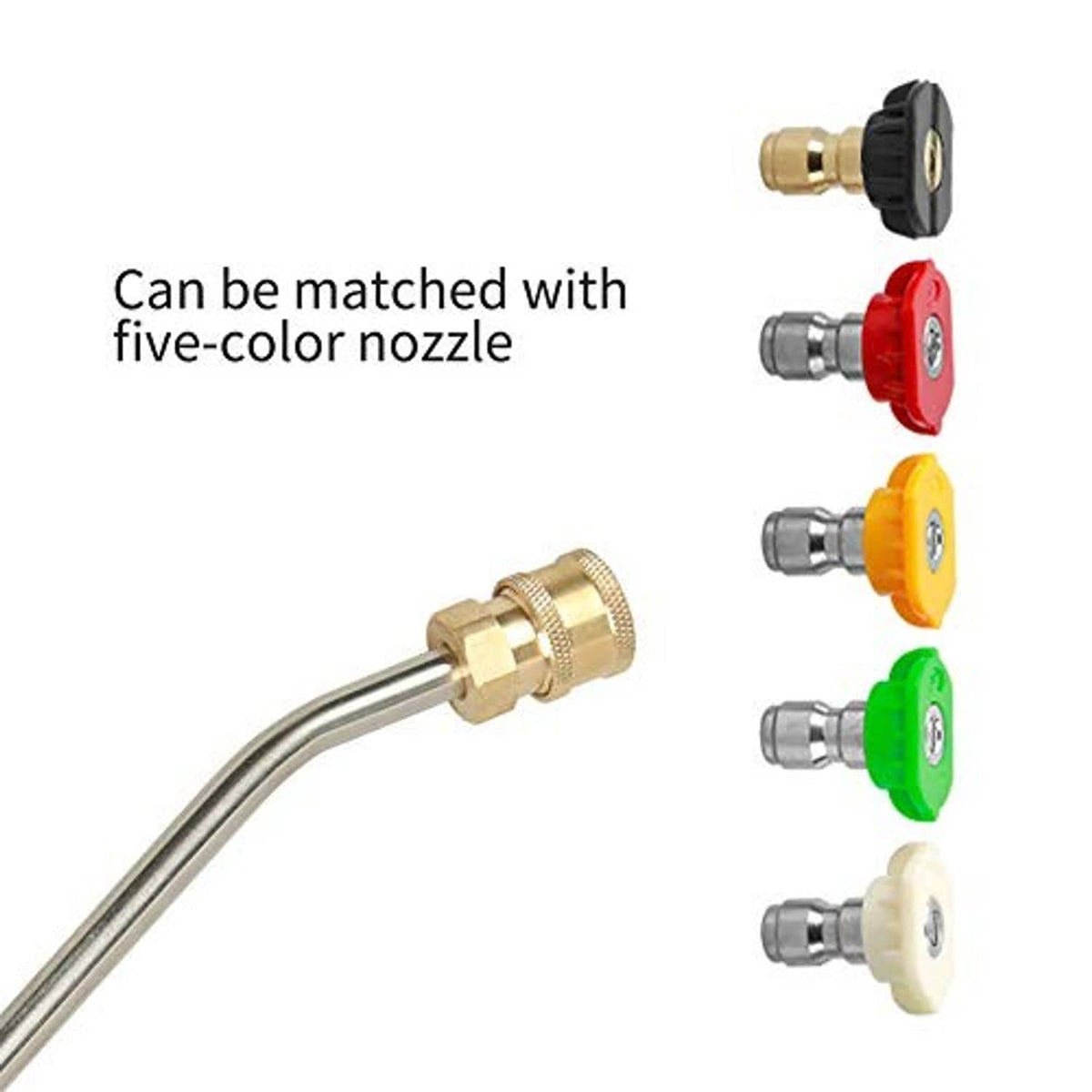 Gutter cleaner attachment with curved stainless wand and multiple colored quick-connect nozzles