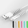 USB charging cable protector, white spiral silicone sleeve with USB-A plug and rainbow color lineup