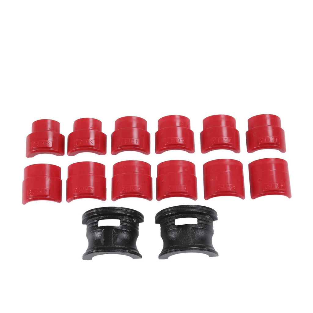 Set of red plastic fork seal adapter sleeves with two black driver inserts