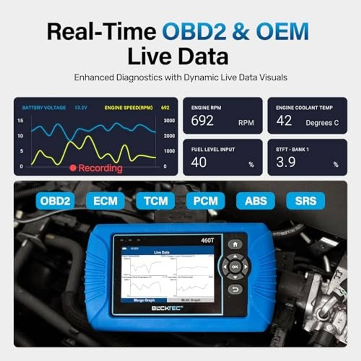Blue BLACKTEC OBD2 scanner displaying real-time live data screen in engine bay