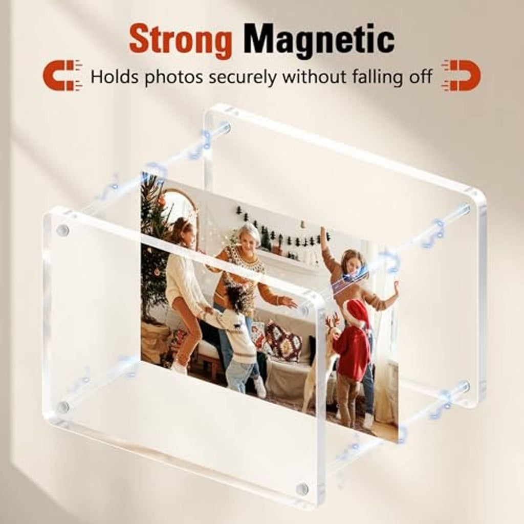 Clear acrylic magnetic photo frame with hinged acrylic pieces holding pictures