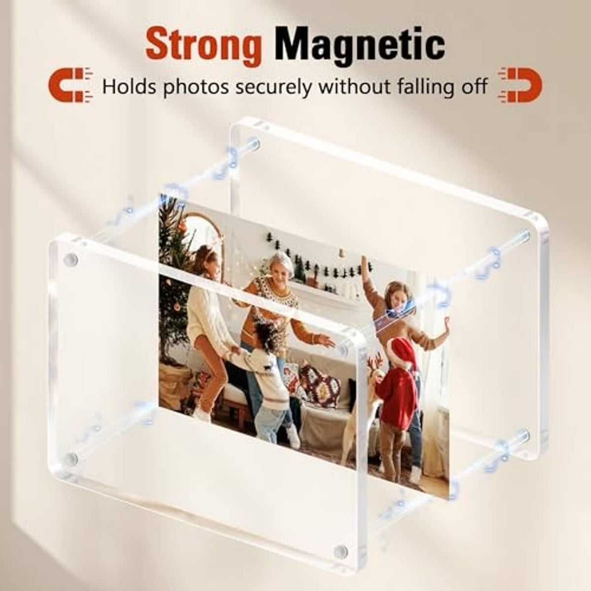 Clear acrylic magnetic photo frame with hinged acrylic pieces holding pictures