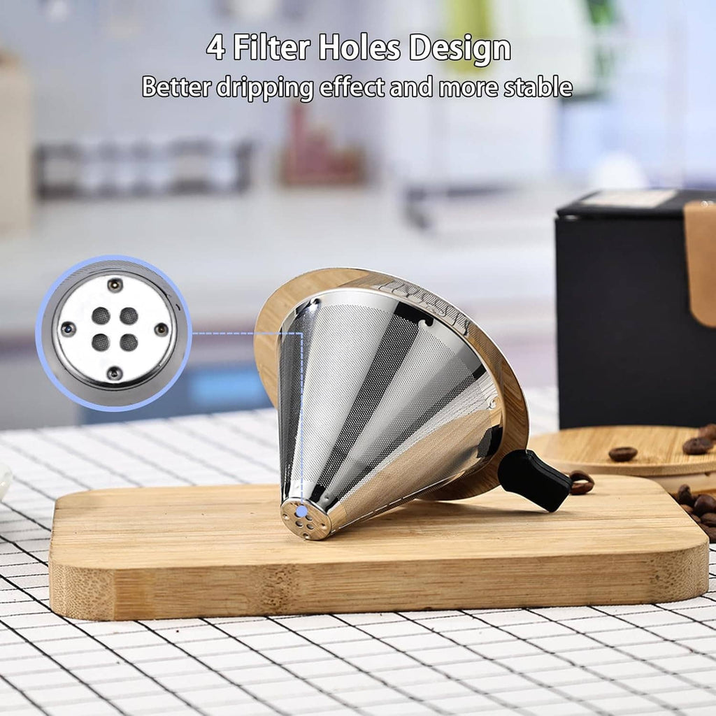 Stainless steel pour-over coffee cone dripper with black handle and perforated mesh