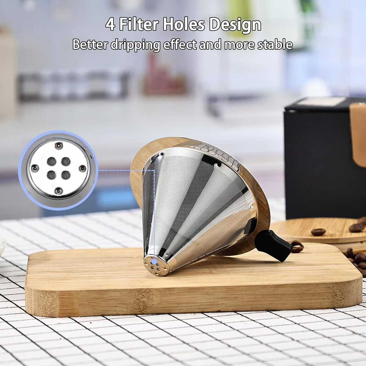 Stainless steel pour-over coffee cone dripper with black handle and perforated mesh