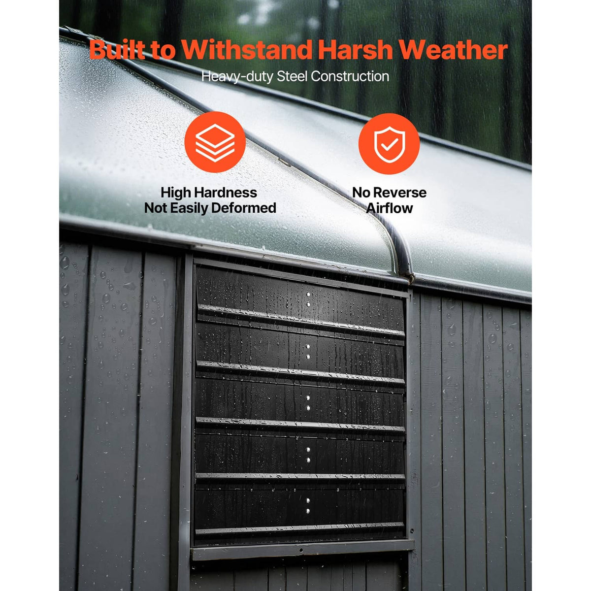 Steel wall-mount exhaust fan with rain-protected top cover and black shutter louvers