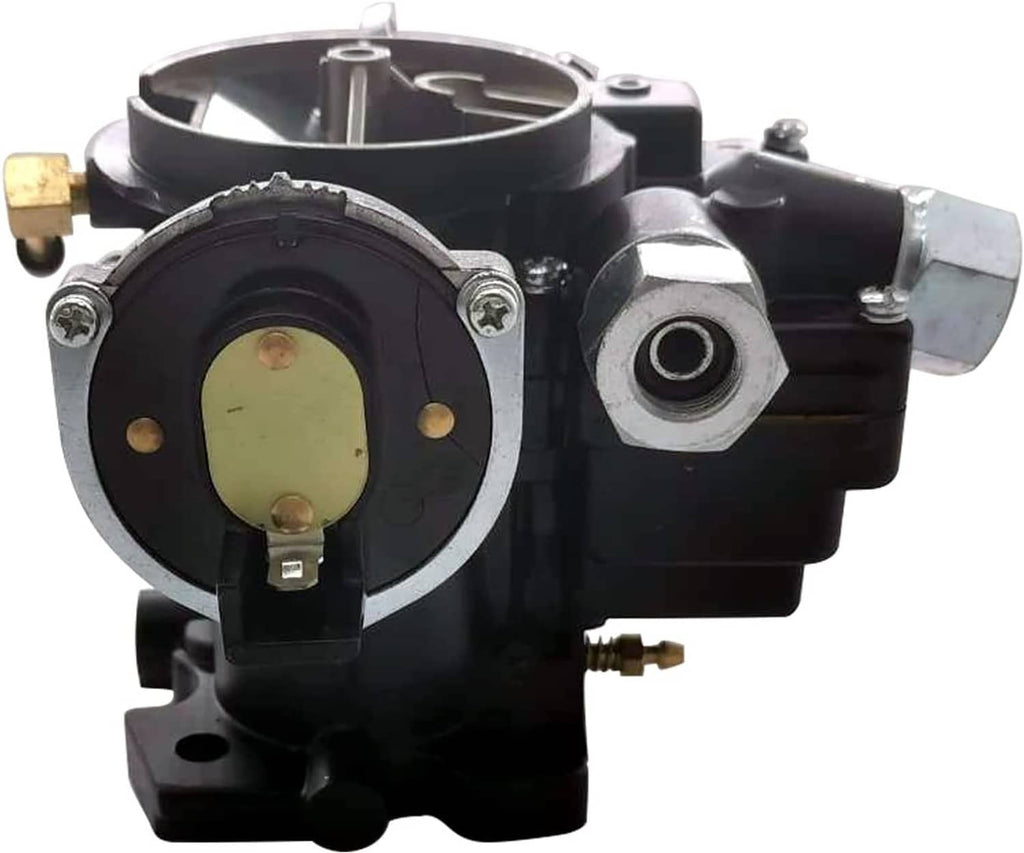 Marine carburetor front view with circular inlet plate and black housing fittings