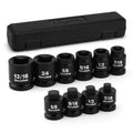 Black 1/2-inch drive pipe plug socket set, 10-piece, with square sockets and case