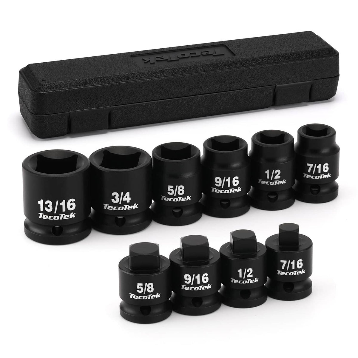 Black 1/2-inch drive pipe plug socket set, 10-piece, with square sockets and case