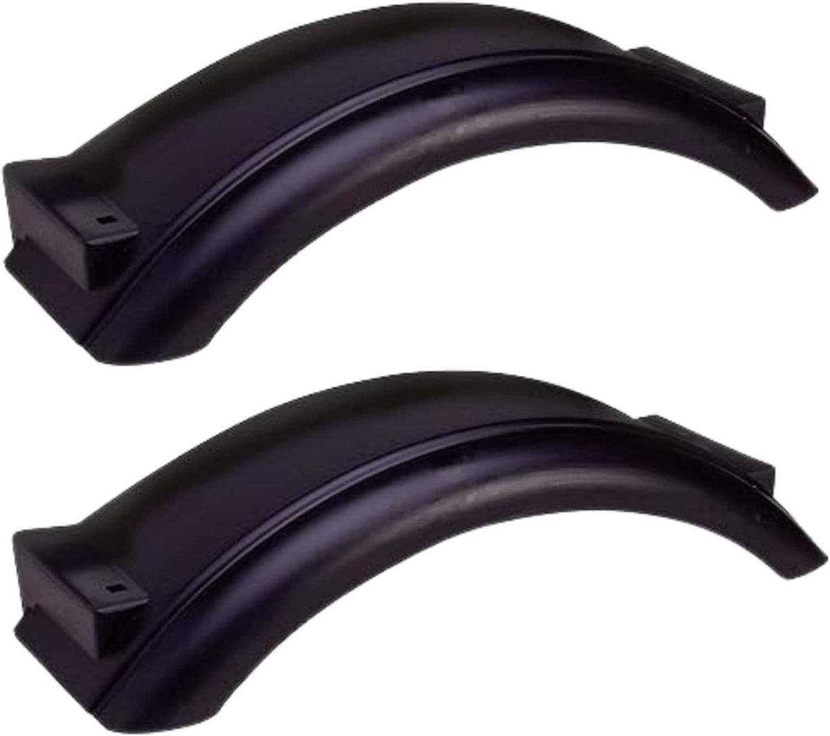 Black plastic trailer fender set with two curved splash guards and brackets